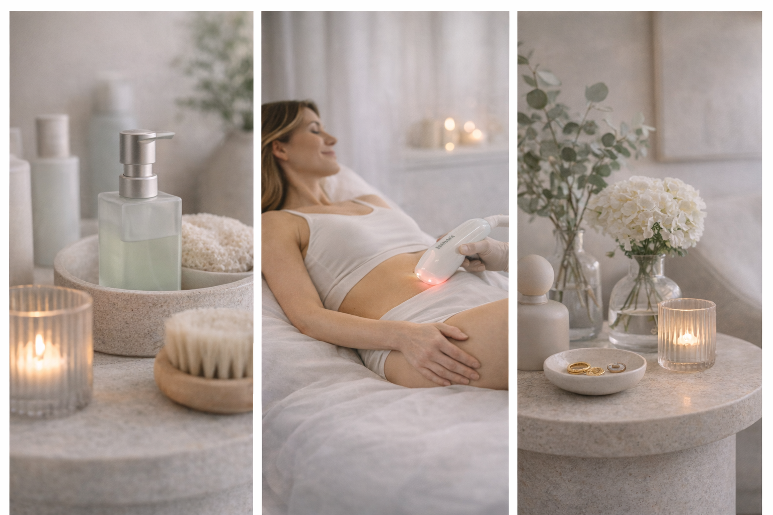 A softly-lit image of a woman gently touching her face, looking into a mirror. The image is designed to feel calm, intimate and relatable, reflecting the tone of the skin lesion care section.